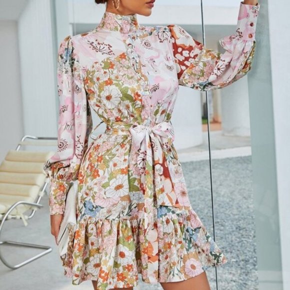 MODA ME COUTURE Dresses & Skirts - Floral Print Mock Neck Lantern Sleeve Ruffle Hem B